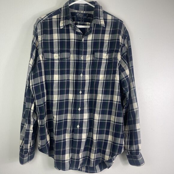 Vtg Polo Ralph Lauren Shirt Mens Classic Fit L Tartan Plaid Long Sleeve Grunge - Picture 1 of 12